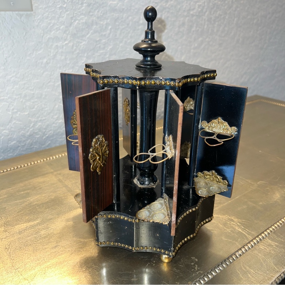 Vintage Rotating Ring Holder Jewelry Cabinet – Brass & Wood Victorian